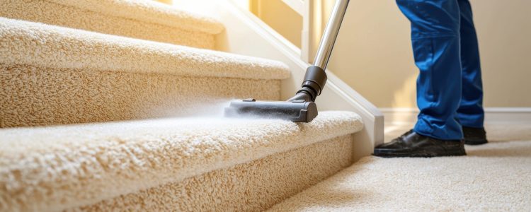 A professional cleaner is vacuuming a carpeted staircase, using modern cleaning equipment to create a fresh and spotless environment in a residential home.