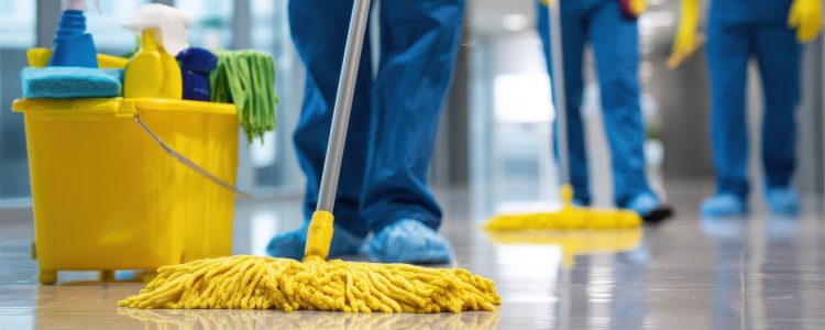 Professional cleaning crew mopping floors in a commercial or office building